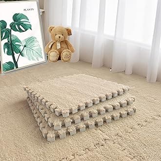 15pcs 11.8" Modular Interlocking Thick Carpet Shaggy Soft EVA Foam Mats Fluffy Area Rugs Bedroom Protective Floor Tiles Exercise Children Room Play Ground Mats (Khaki)