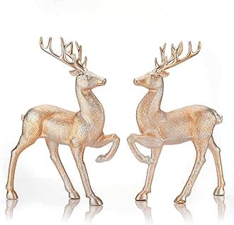 iPEGTOP 2 Pcs Holiday Reindeer Decor Christmas Standing Deer Figurines, 12.6" x 8" Home Office Christmas Elk Tabletop Decor Statues, Champagne