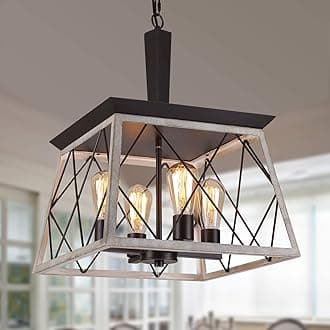 Q&S Farmhouse Vintage Chandelier, Rustic Pendant Light,Industrial Hanging Light Fixture for Dining Room Kitchen Island,Wrought Iron,ORB+Oak White 4 Lights E26 UL Listed
