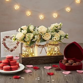Mkono Mason Jar Lights Centerpiece Table Decor for Dining Room Farmhouse Wood Tray with 3 Jars Flowers Valentines Day Decoration for Coffee Table Kitchen Living Room Wedding