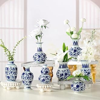 Dandat 8 Pcs Mini Chinoiserie Bud Vases Ceramic Blue and White Floral Chinese Porcelain Vase Set for Shelf Table Centerpieces Home Decor(Classic)