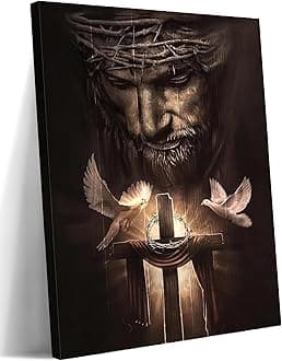 Eysintum Christian Framed Canvas Wall Art Jesus Christ Crown of Thorns Cross with Holy Spirit Doves Religious Home Decor for Church Prayer Room Living Room Office Ready to Hang 16x24in