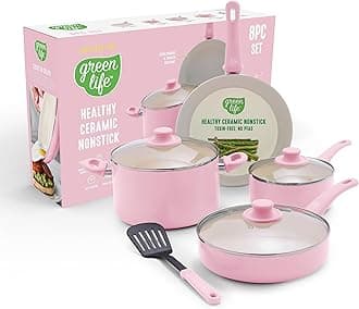 Soft Grip 8 Piece Cookware Set, Non-Toxic PFAS-Free Ceramic Nonstick, Frying, Sauce, Sauté, Utensils, Glass Lids, Stay-Cool Handles, Wobble Free, Dishwasher & Oven Safe, Soft Pink