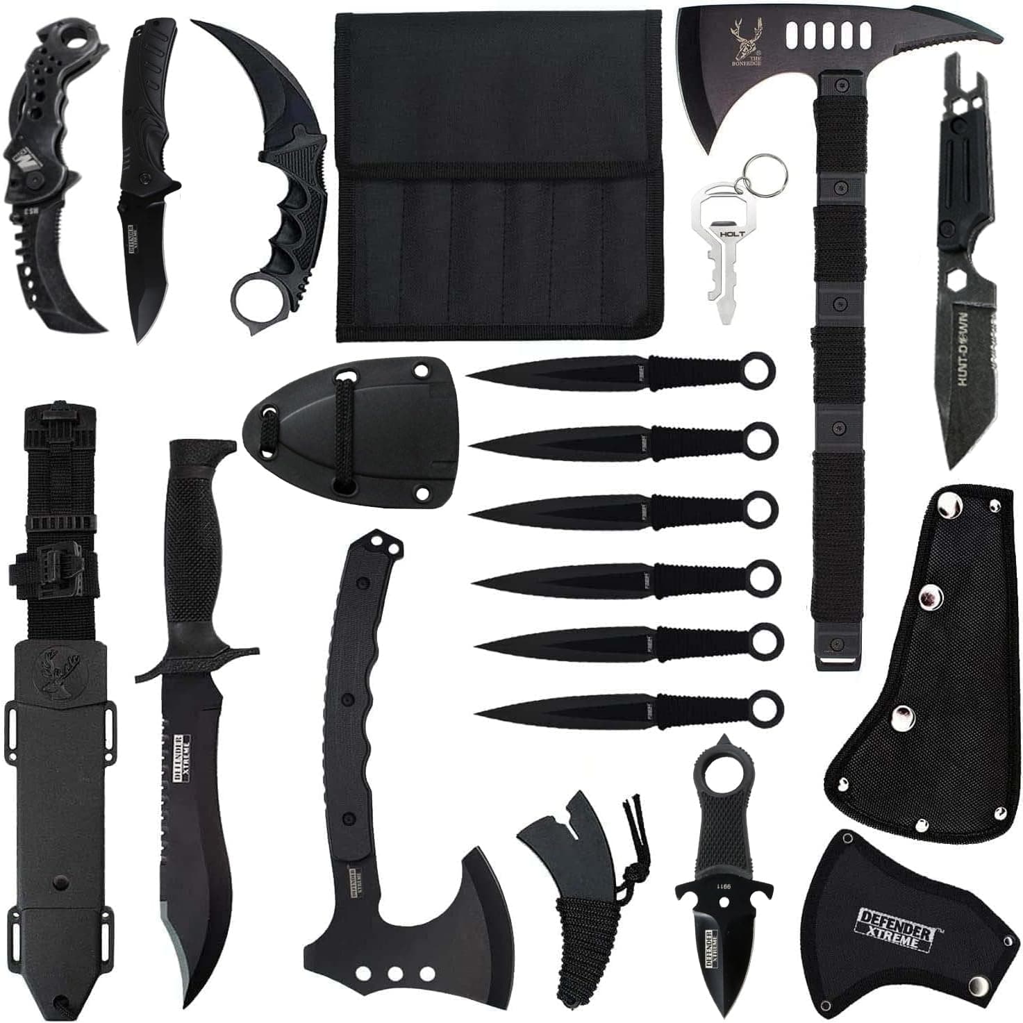 15pc Tactical Survival Set| 2 Fixed Blade Knives | 2 Hatchet Axes| Fixed Karambit | Folding Karambit| Multitool Pocket Knife| Mini Neck Knife| 6 Throwing Knives | Holt Multitool Keychain