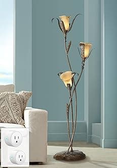 Franklin Iron Works Intertwined Lilies Rustic Farmhouse 68 1/4" Tall Floor Lamp with Smart Socket Bronze Gold Metal 3-Light Amber Glass Shades for Living Room Family Bedroom Office House Home