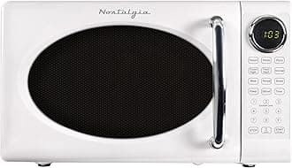 Retro Microwave Oven - 0.7 Cu Ft, 700-Watt Countertop Size with Glass Turntable, Child Safety Lock, 8 Auto-Cook Programs, Digital Clock - White