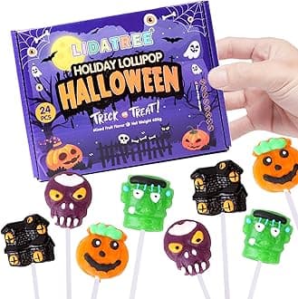 Halloween Lollipop Suckers Individually Wrapped Bulk - Spooky Candy Lollipops - Pumpkin, Green Monster, Zombie, Haunted House Candies for Kids Halloween Goody Bag Fillers and Party Favors - Trick or Treat - 24 Pack