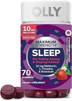 OLLY Max Strength Sleep Gummy, 10mg Melatonin, L-Theanine, Chamomile, Lemon Balm, Sugar Free, Vegetarian Sleep Aid, Strawberry - 70 Count