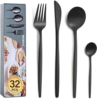 BEWOS 32 Piece Black Cutlery Set for 8, Cutlery Includes Forks, Steak Knives and Spoons, Dishwasher Safe Tableware for Home Restaurants, Knife and Fork Sets Food-Grade Stainless Steel
