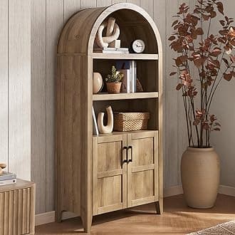 Lauren 65.4" Short Arched Cabinet, the Original 5-Tier Bookcase with Doors and Shelves, Mini Arch Bookshelf with Storage, Wooden Storage Cabinet for Living Room and Kitchen Pantry (Oak)