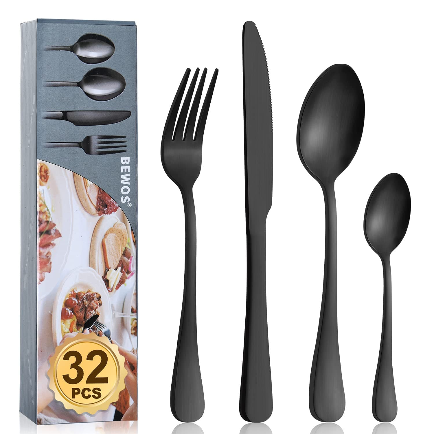 BEWOS Cutlery Set, 32 Piece Stainless Steel Flatware Set, Tableware Silverware Set with Matt Black Spoon Knife and Fork Set, Service for 8, Dishwasher Safe/Easy Clean