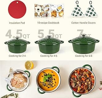 Overmont Roasting Dish Enamel Cast Iron Pot - 26 cm Oven Safe - with Lid and Cookbook - for Kitchen Baking Braising Roasting