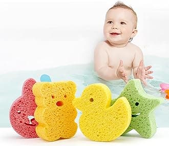 Joyzzz Baby Bath Sponge, 4 Pack Soft Natural Kids Bath Sponge for Exfoliating and Cleaning, Cute Shower Sponges with Absorbent and Non-irritating, Ideal for Infants, Newborns, Toddlers