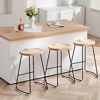 HeuGah Counter Height Bar Stools Set of 3, Solid Wood Bar Stool for Kitchen Island 26" Barstool with Metal Leg Rustic Backless Saddle Seat Stools with Footrest (Burlywood, 3 PCS 26Inch Counter Stools)