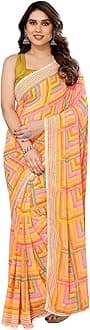 RAJESHWAR FASHION WITH RF Women's Printed Georgette Sarees For Ladies & College Girls Farewell With Lace Border & Blouse