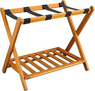 Foldable Solid Wood Fully-Assembled Luggage Rack, 26.75" Wide with Shelf, Honey Oak