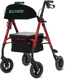 All-Terrain Rollator Walker with 8” Non-Pneumatic Wheels, Sponge Padded Seat and Backrest, Fully Adjustment Frame for Seniors,Red