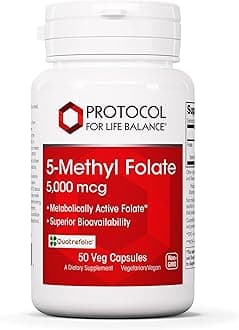 PROTOCOL FOR LIFE BALANCE - 5-Methyl Folate 5000 mcg - Metabolically Active Folic Acid 5-MTHF - Supports Brain, Heart, Nerve Health, Helps Improve Immune System, Healthy Pregnancy - 50 Veg Capsules