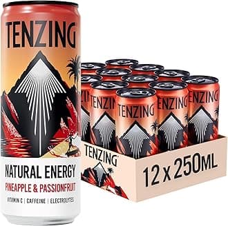TENZING Natural Energy Drink, Plant Based, Vegan, & Gluten Free Drink, Pineapple & Passionfruit, 250ml (Pack of 12) - Packaging may vary