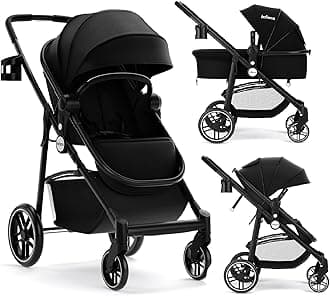 2 in 1 Baby Stroller, High Landscape Infant Stroller & Reversible Bassinet Pram, Foldable Pushchair with Adjustable Canopy, Storage Basket, Cup Holder, Suspension Wheels (Black)