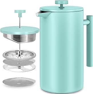 KICHLY Cafetiere 8 Cup Stainless Steel French Press Coffee Maker, Coffee Press with 3 Level Filtration System - Double Walled Insulated Caffettiere with 1 Extra Filter - 1000ml / 34Oz - Sky Blue