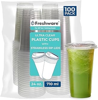 Freshware 24 oz Clear Disposable Plastic Cups with Strawless Sip Lids, 100 Pack Clear Plastic Tumblers, Heavy-duty Party Glasses, Disposable Cups for Thanksgiving, Halloween, Christmas Party