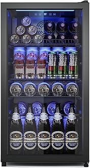 Drink cooler, mini fridge with glass door, beverage refrigerator, beer fridge, adjustable shelves and digital temperature display