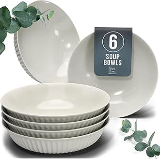 Stylish Soup Plate Set - Premium Stoneware, Scratch Resistant, Dishwasher and Microwave Safe - Stylish Deep Plate Set for 6, Large Deep Pasta Plates - Grooved Deep Plates in Beige