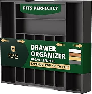 ROYAL CRAFT WOOD Luxury Bamboo Kitchen Drawer Organizer - Silverware Organizer - Utensil Holder and Cutlery Tray with Grooved Drawer Dividers for Flatware and Kitchen Utensils (9 Slot, Black)