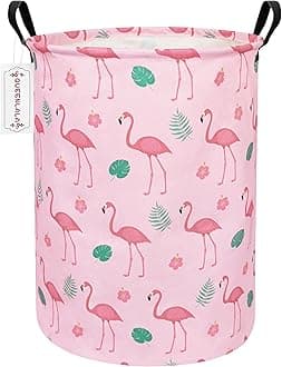 QUEENLALALarge Storage Basket,Laundry Hamper/Bathroom/Home Decor/Collapsible Round Storage Bin,Boys and Girls Hamper/Boxes/Clothing(Round-Pink Flamingo)