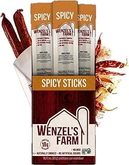 Wenzel’s Farm Spicy Sticks │Supports Active Lifestyles │ Flavorful, Naturally Smoked │ High Protein, Low Carb │ No MSG, Fillers, Binders, Artificial Colors │ Gluten Free | 32 sticks (16 packs of 2)