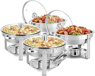 ROVSUN 5 Qt 4 Pack Chafing Dishes for Buffet, NSF Stainless Steel Round Chafers for Catering, Buffet Servers and Warmers Set with Glass Lid & Lid Holder, Stackable Design for Wedding Party Event