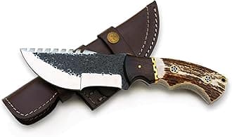 Damascus Hunting Knife with Stag Antler Handle and Leather Sheath (D2 Tracker, 4.5 Inch Blade)