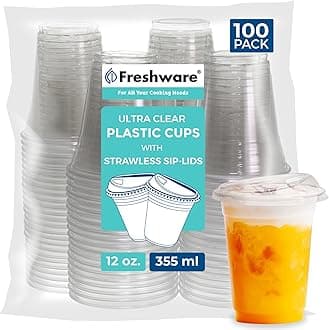 Freshware Clear Plastic Cups with Strawless Sip Lids [100 Cups - 12 oz] Disposable Tumblers for Iced Coffee, Smoothie, Milkshake, Cold Drinks