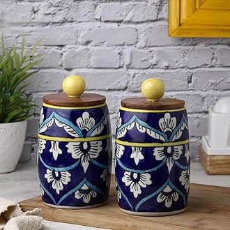 VarEesha Hand-made Hand Painted Blue White Floral Small Dholak Ceramic Jars| Airtight Kitchen Containers for Pickles, Cookies, Chutney, Sugar, Dry Fruits| Leak Proof Ceramic Barni|300 ML (Set of 2)