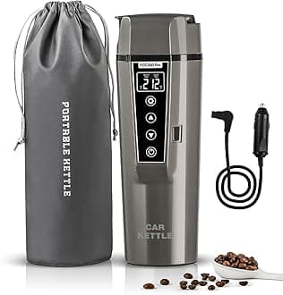 Portable Electric Car Kettle: 12V/24V Kettle Mini Water Boiler for Car Heated Travel Mug,Smart Precision Temperature Adjustment Coffee Tea Truck Cup with Handy Kettle Bag (Taupe, 400ML)