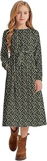 LaBeca Girls Casual Dress Elastic Round Neck Floral Solid Color A-Line Swing High Waist Midi Dress with Belt and Pocket