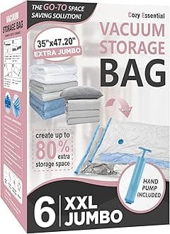 - 6 Pack XXL Jumbo Vacuum Storage Bags, Extra Jumbo Vacuum Sealed Bags for Comforters, Bedding, Blanket Storage, Space Saver Extra Large Vacuum Storage Bags for Huge Stuffed Toy (47.2x35in)