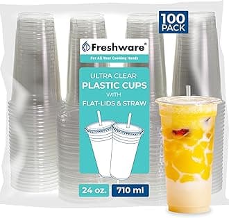 Freshware Clear Plastic Cups with Flat Lids and Straws [100 Cups - 24 oz] Disposable Tumblers for Iced Coffee, Smoothie, Milkshake, Cold Drinks