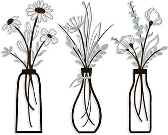 3 Pieces Metal Vase Flowers Wall Arts - Rustic Farmhouse Style Décor Metal Wall Art Black Minimalist Flower Natural Themed Wall Decors for Home Bedroom Dining Room Housewarming (Brown-Blue, Vase-C)