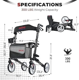 Metro Mobility Rollator Walker with Seat for Seniors, Foldable Lightweight Rolling Walker, 8" Big Wheels for All Terrain, 300 lb. Weight Capacity, Black