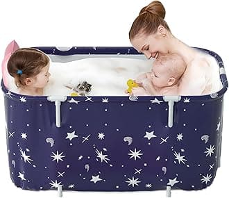Warmiehomy Portable Foldable Bathtub for Adults,120X50X55cm Freestanding Soaking Bathtub with Cushion and Backrest,Hot Bath Ice Bath SPA Tub for Shower,Folding Bathtub for Adults Kids,Starry Blue