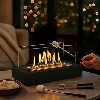 Tabletop Fire Pit - Juno Black - 3Hour Burn Time - Metal - Outdoor & Indoor Firepit Table Top - Smores Maker Kit - Includes 4 Roasting Sticks -Smokeless Firepit