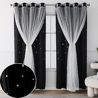 Cute Blackout Curtains for Girls Bedroom - Black Aesthetic Star Cutout Double Layer with Sheer Overlay, 72 Inch Length 2 Panels Teens Kids Room Curtain Nursery Decor Drapes