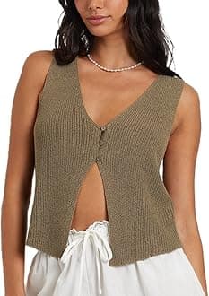 Faretumiya Women Y2k Button Down Crochet Knit Vest Sleeveless Hollow Out Crop Tops Vintage Casual V-Neck Versatile Streetwear(Z-Button Knitted Vest Navy Green,Small)