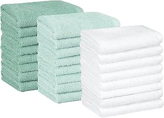 Amazon Basics Cotton Washcloths for Bathroom, Fast Drying, Extra Absorbent, 12 x 12 in, Seafoam Green, Ice Blue, White, 24-Pack