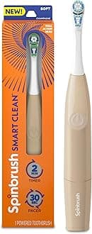 Smart Clean Battery Powered Electric Toothbrush for Adults with Dual Action Head, Pacer & Timer, Champagne, Soft Bristles, 1 Count