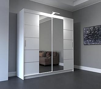 RAC3 Race to Road Modern Bedroom Sliding Wardrobe with LED Light - Ample Storage Space and Sleek Design comes in White/Grey/Black/Oak and Width 150cm/180cm/203cm/250cm (White, 250cm)