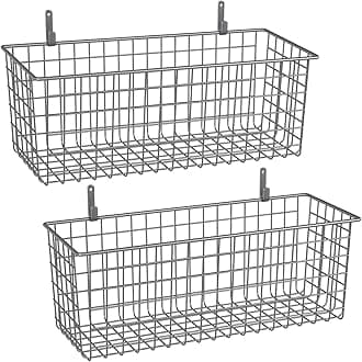 2 Sets Extra Large Hanging Wall Basket, Grey Metal Wire Baskets with Steel Hooks for Organizing, WallmountedFruit Vegetable Toy Snack Storage, Home Kitchen Bathroom Laundry Pantry Organizer