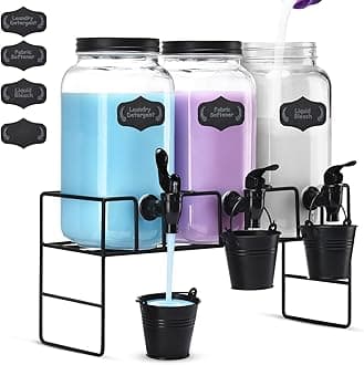 GADFISH Liquid Laundry Detergent Dispenser, Three 2.2L Laundry Detergent Dispenser Glass Jar for Liquid Detergent, Bleach, Fabric Softener- Laundry Soap Dispenser for Laundry Room Organization